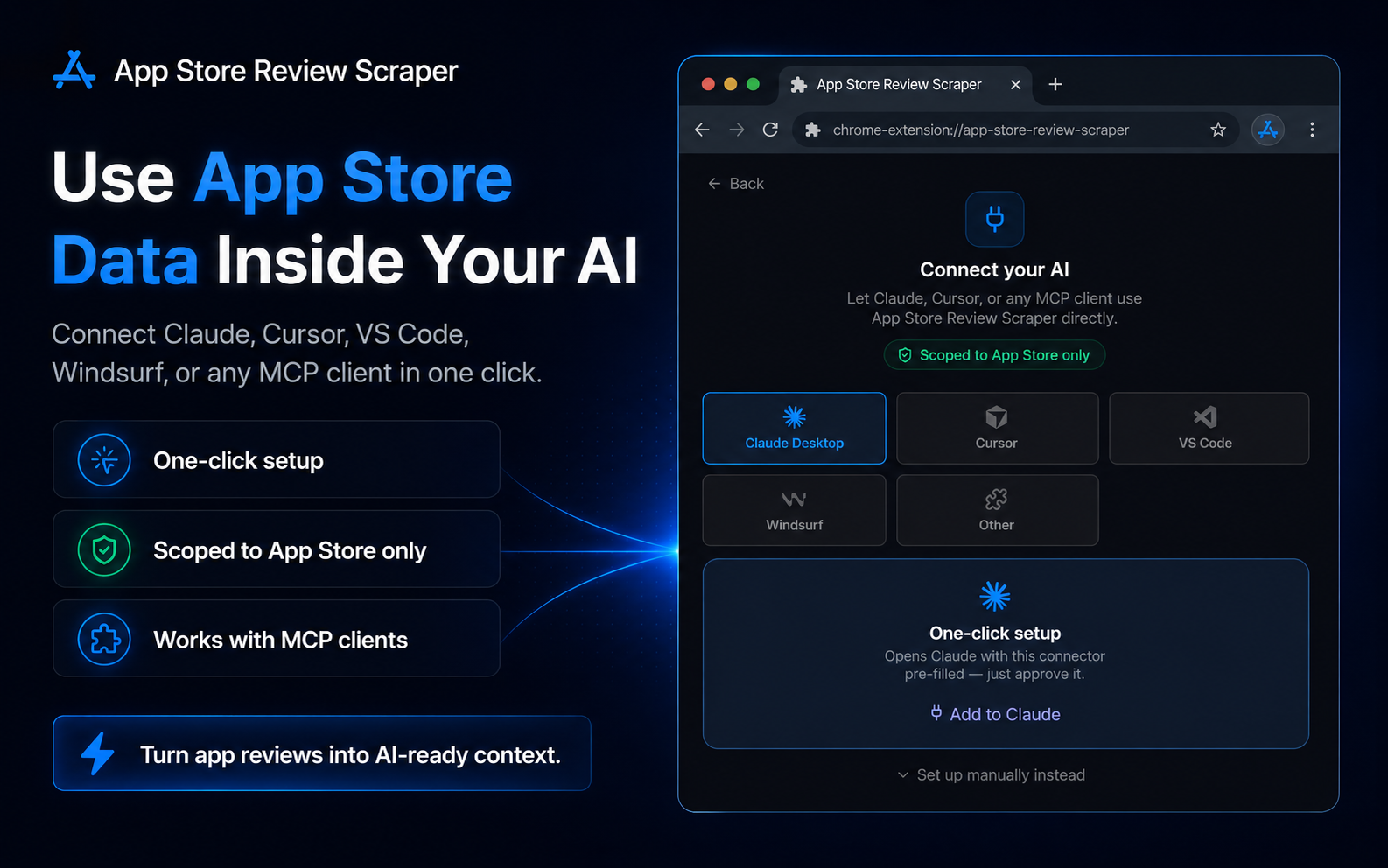 Use App Store review data inside Claude, Cursor, VS Code, or Windsurf via MCP