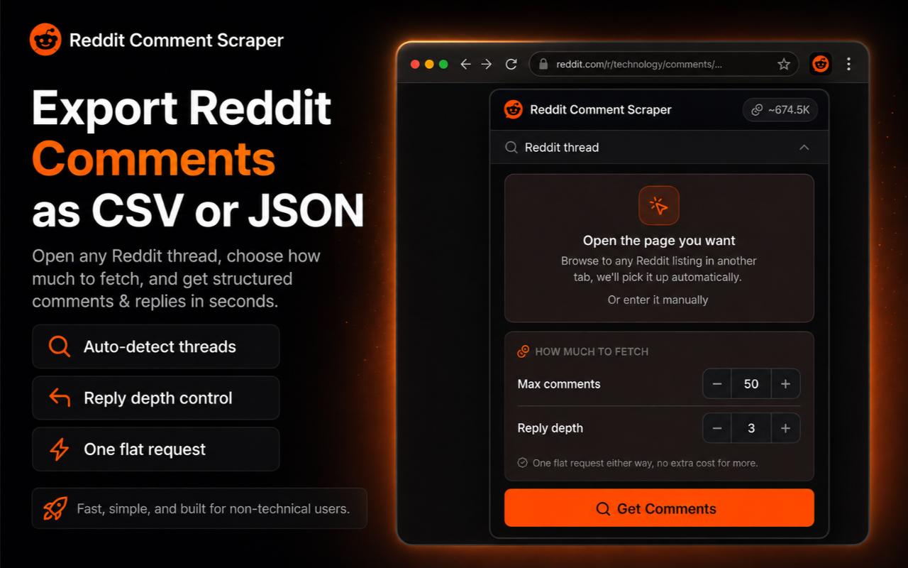 Export Reddit comments as CSV or JSON, with adjustable comment limit and reply depth