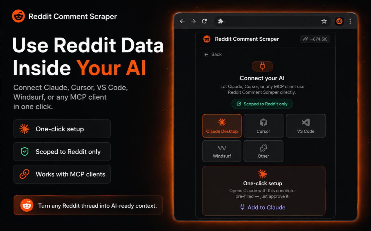 Use Reddit data inside Claude, Cursor, VS Code, or Windsurf via MCP