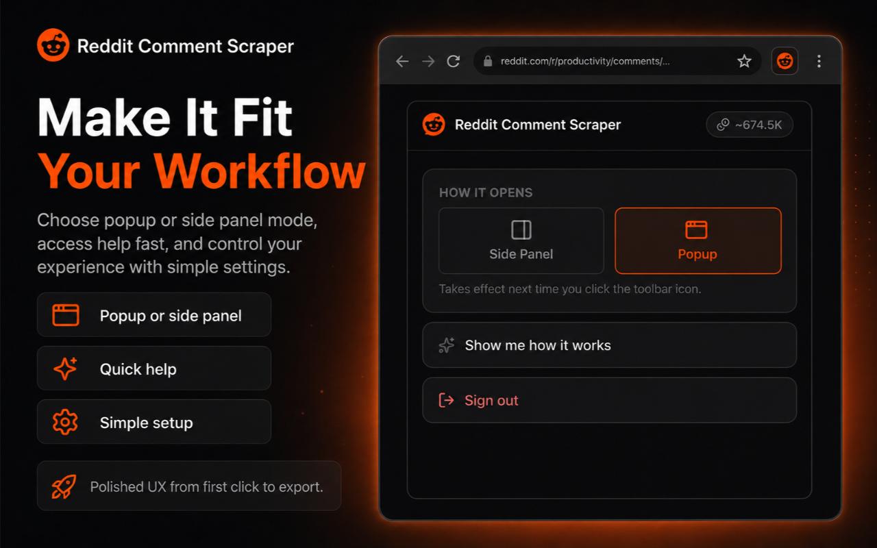 Popup or side panel mode, with quick help and simple settings