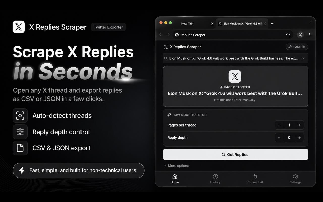 X Replies Scraper exporting a full reply thread to CSV and JSON