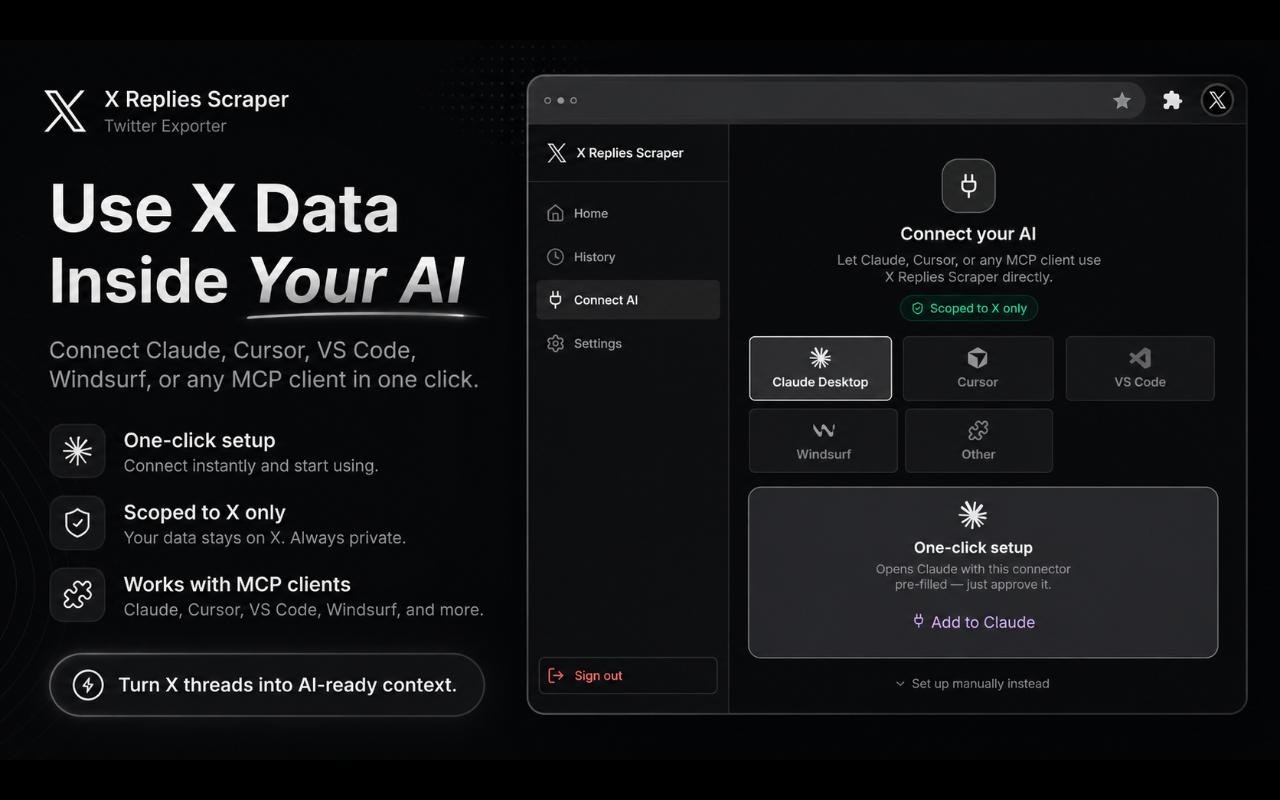 Use X reply data inside Claude, Cursor, VS Code, or Windsurf via MCP