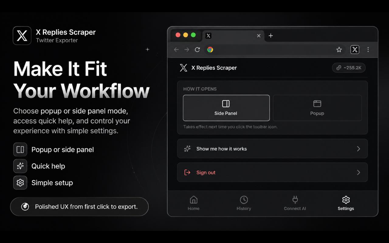 Popup or side panel mode, with quick help and simple settings