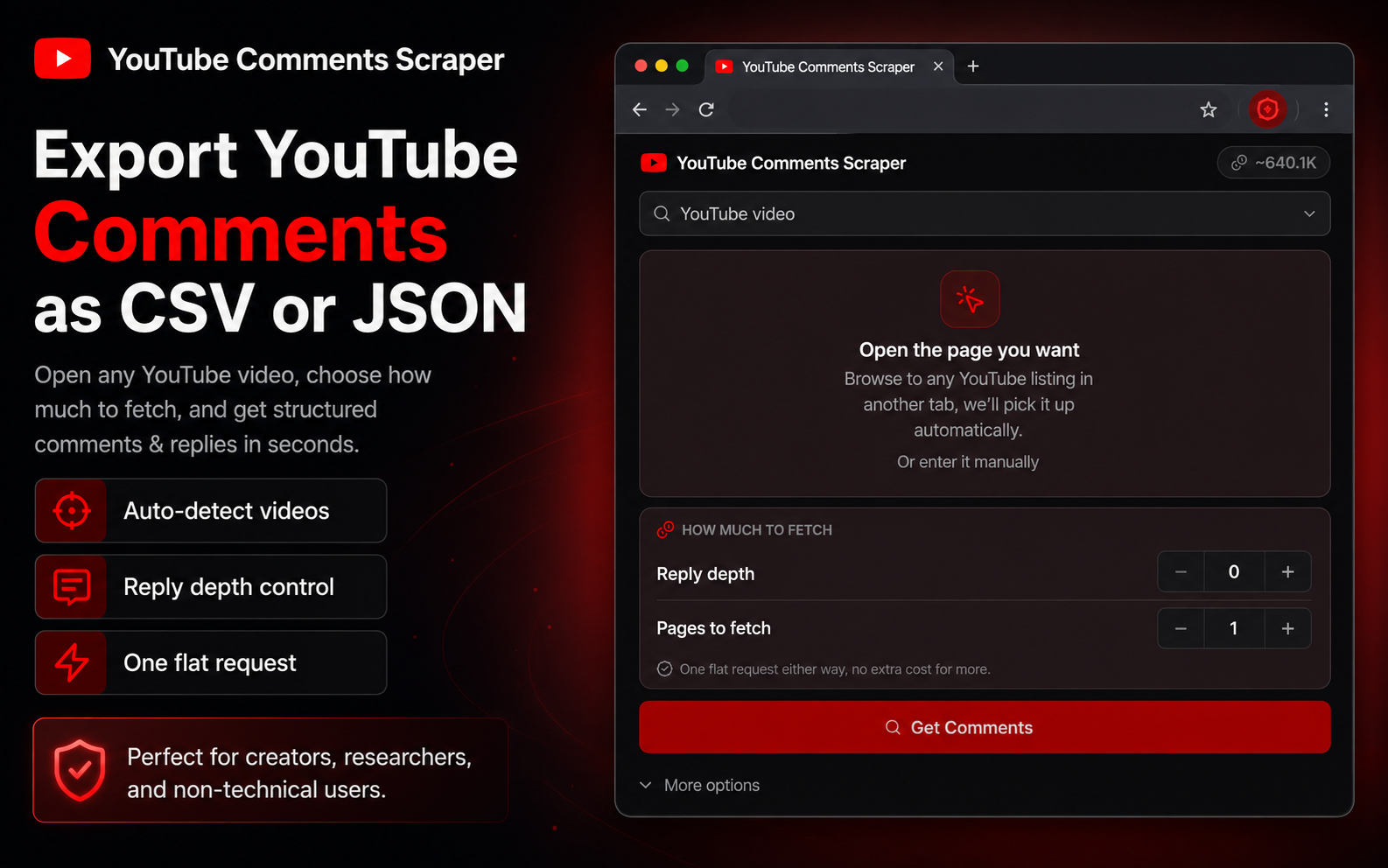 Export YouTube comments as CSV or JSON, with adjustable comment limit and reply depth