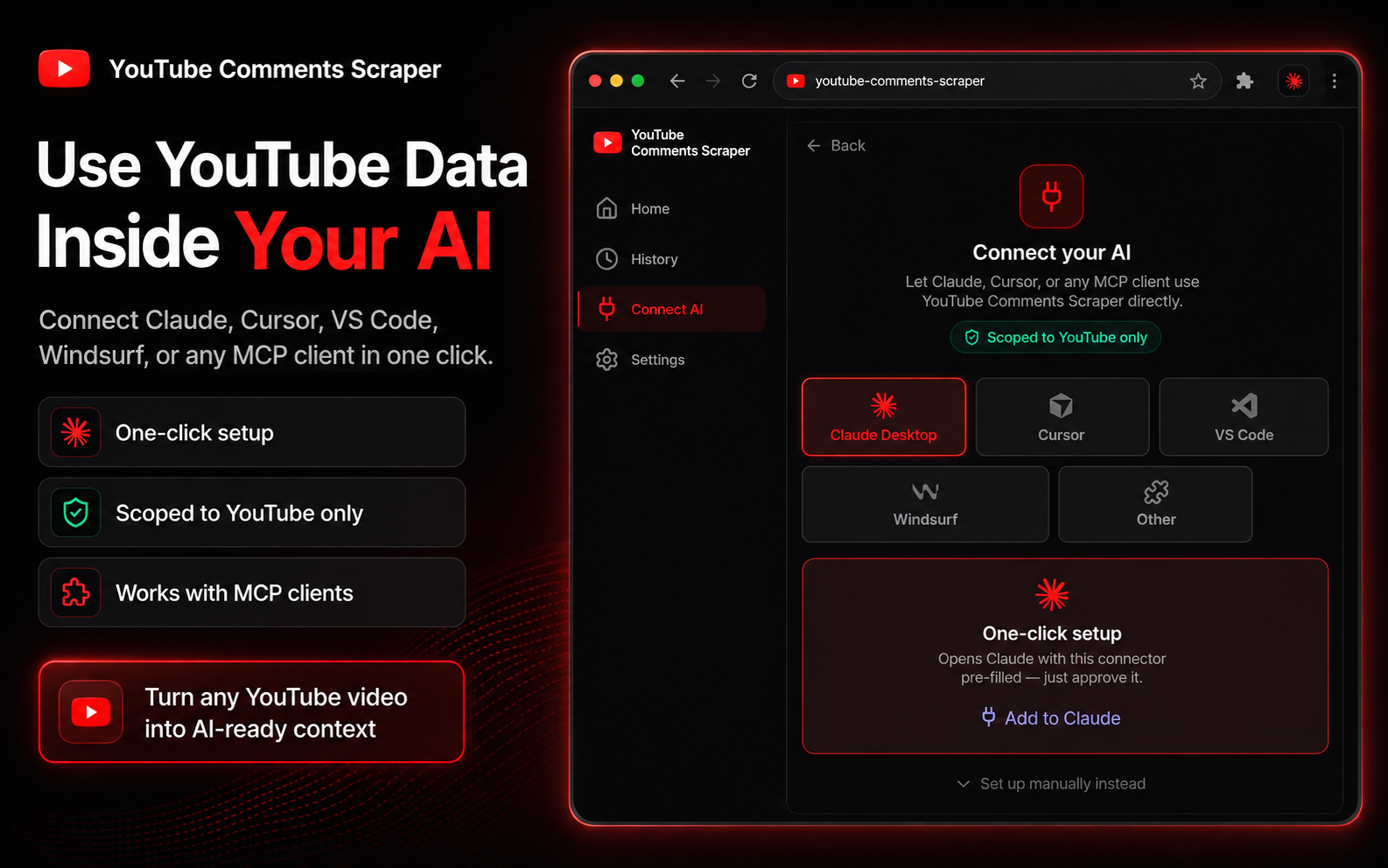 Use YouTube data inside Claude, Cursor, VS Code, or Windsurf via MCP