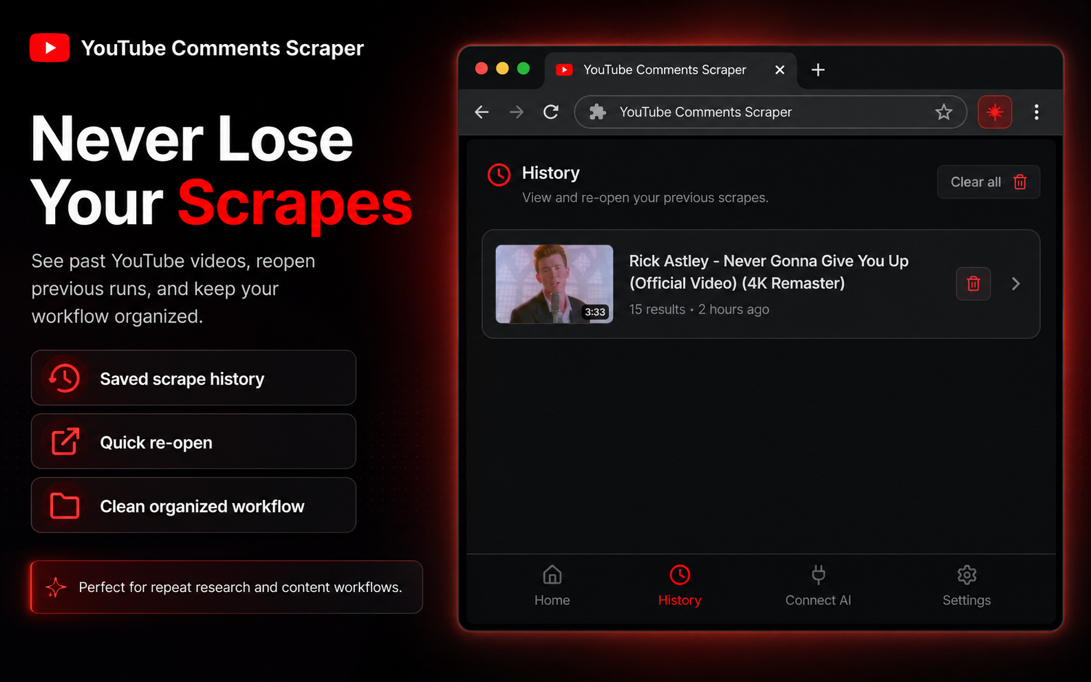 Saved scrape history for reopening past YouTube video exports